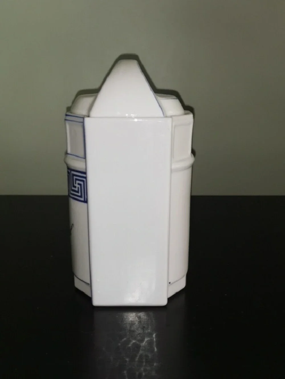 White Ceramic Oatmeal Canister with Blue Greek Key Trim Made in Germany